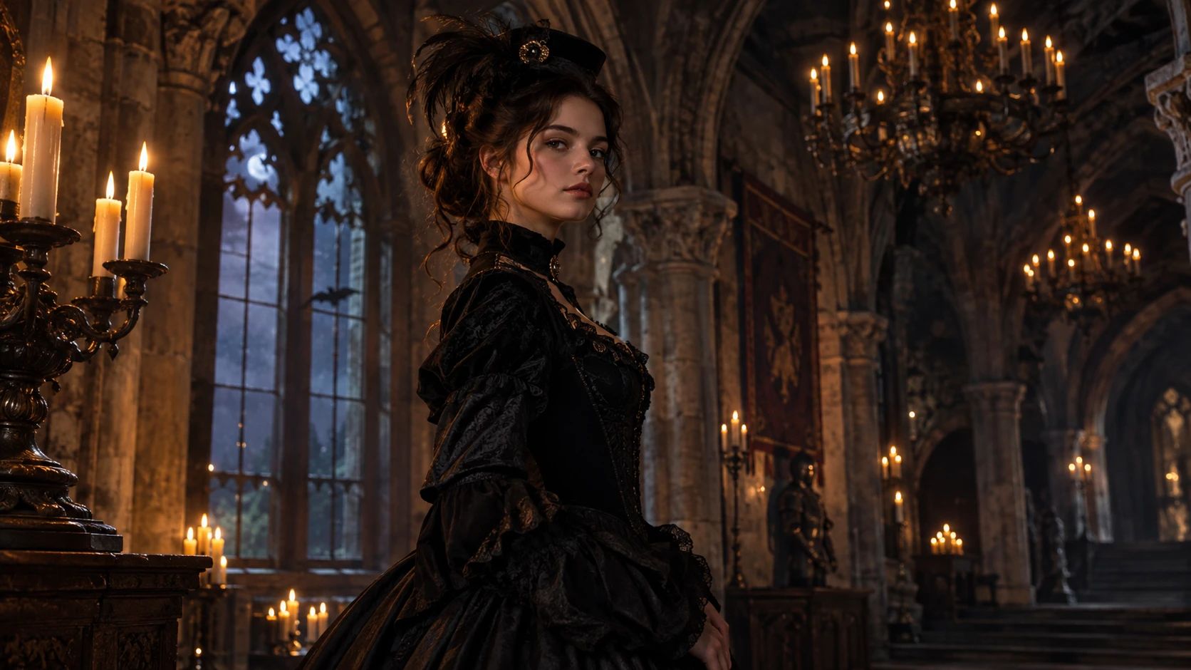 Halloween costume character inside a Gothic castle
